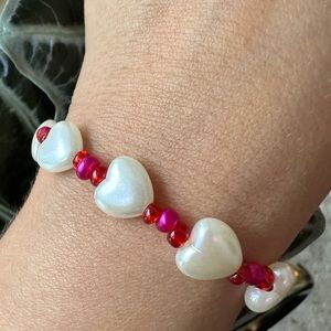 Heart bracelet, pearl beaded bracelet, pink red bracelet, stacking